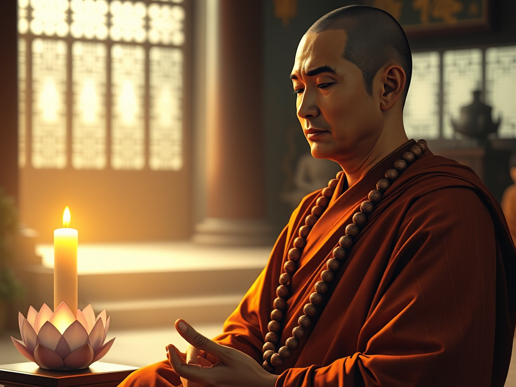 Hình ảnh nhà sư ngồi thiền với tràng hạt, ánh sáng vàng dịu từ hoa sen, trong không gian chùa thanh tịnh, thể hiện tinh thần tu hành và lòng thành kính trong đạo Phật