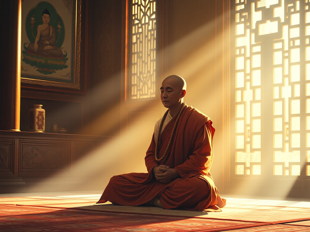 Hình ảnh nhà sư ngồi thiền với tràng hạt, ánh sáng vàng dịu nhẹ chiếu qua cửa sổ chùa, phong cách tranh Thangka truyền thống Hình ảnh nhà sư ngồi thiền với tràng hạt, ánh sáng vàng dịu nhẹ chiếu qua cửa sổ chùa, phong cách tranh Thangka truyền thống
