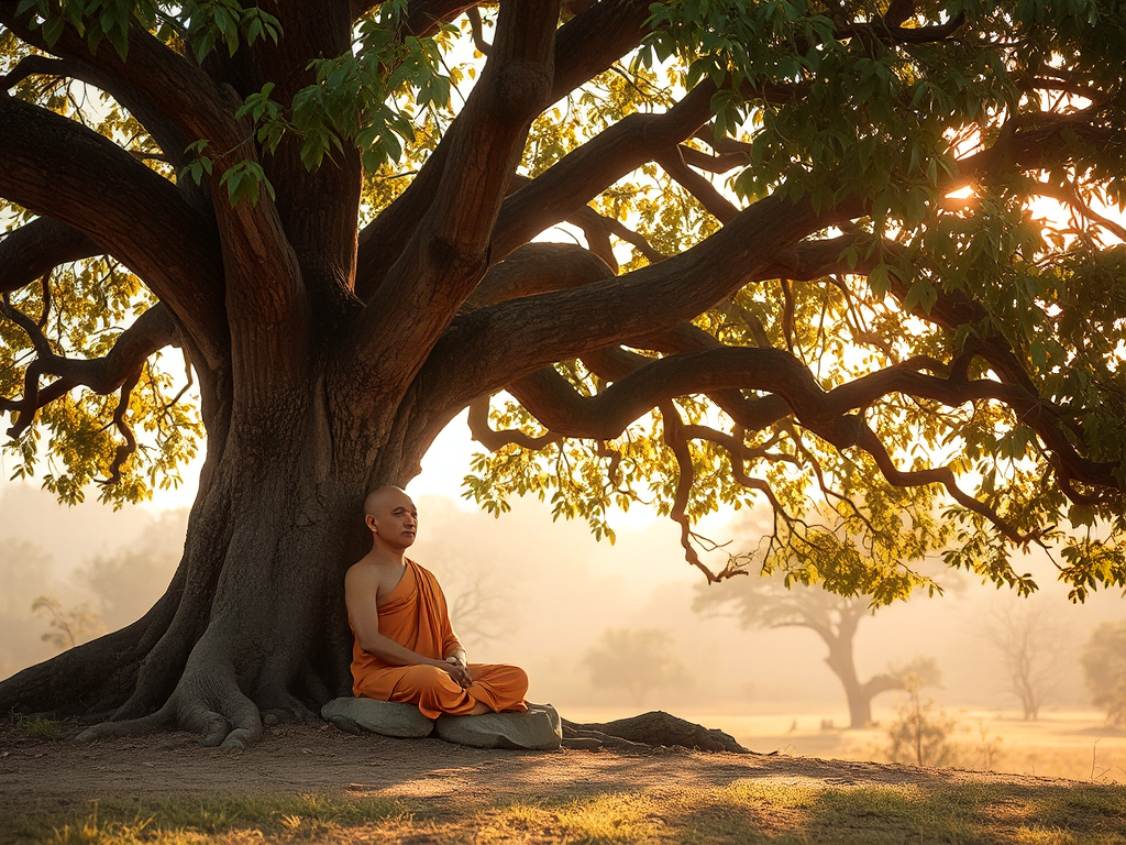 Hình ảnh nhà sư Phật giáo cổ đại đang thiền định dưới gốc cây Bồ đề trong khung cảnh thiên nhiên thanh bình, tái hiện không khí kinh điển Lăng Già Hình ảnh nhà sư Phật giáo cổ đại đang thiền định dưới gốc cây Bồ đề trong khung cảnh thiên nhiên thanh bình, tái hiện không khí kinh điển Lăng Già