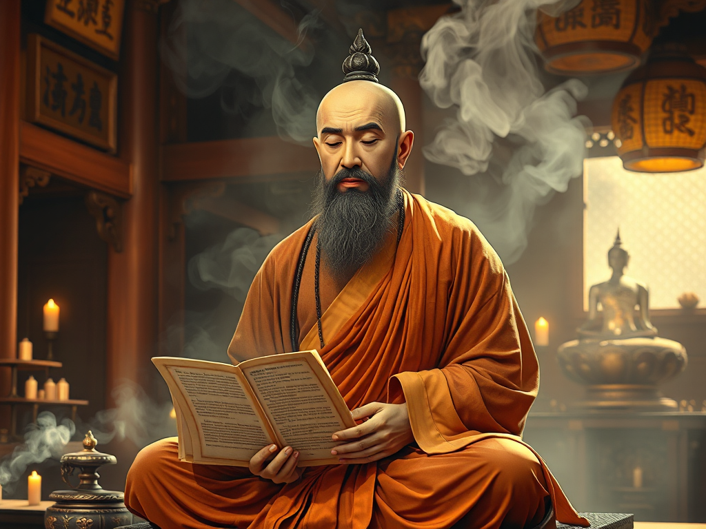 Hình ảnh nhà sư Phật giáo cổ đại ngồi thiền định, tay cầm kinh thánh, trong không gian chùa truyền thống với khói hương nghi ngút và ánh sáng vàng ấm áp