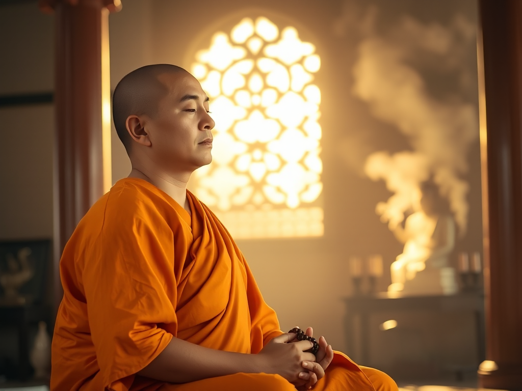 Hình ảnh nhà sư Phật giáo đang ngồi thiền định trong chùa, mặc áo cà sa vàng, tay cầm tràng hạt, ánh sáng vàng dịu nhẹ từ cửa sổ chiếu vào, khói hương nghi ngút tạo không gian thanh tịnh.