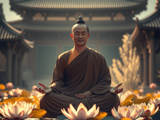 Hình ảnh nhà sư Phật giáo đang thiền định giữa hoa sen và ánh sáng vàng, kiến trúc chùa truyền thống Á Đông, phong cách nghệ thuật tâm linh.