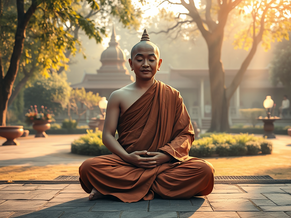 Hình ảnh nhà sư Phật giáo đang thiền định trong tư thế hoa sen tại khu vườn chùa thanh tịnh, ánh sáng buổi sáng dịu nhẹ chiếu qua tán cây, thể hiện tinh thần tĩnh tại trong kinh Phật về nghiệp quả