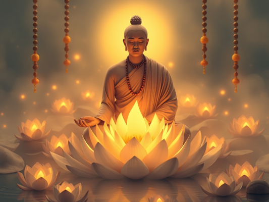 Hình ảnh nhà sư Phật giáo đang thiền định với hoa sen và tràng hạt bay lơ lửng xung quanh, ánh sáng vàng dịu nhẹ tạo không gian tâm linh thanh tịnh