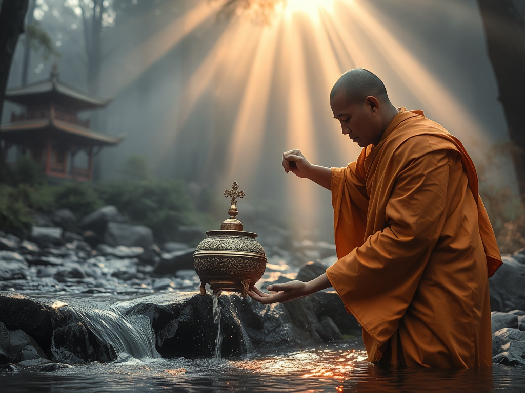 Hình ảnh nhà sư Phật giáo đang thực hiện nghi lễ tụng kinh Thủy Sám, rót nước thánh vào dòng suối với ánh sáng huyền ảo trong khu rừng thiêng liêng