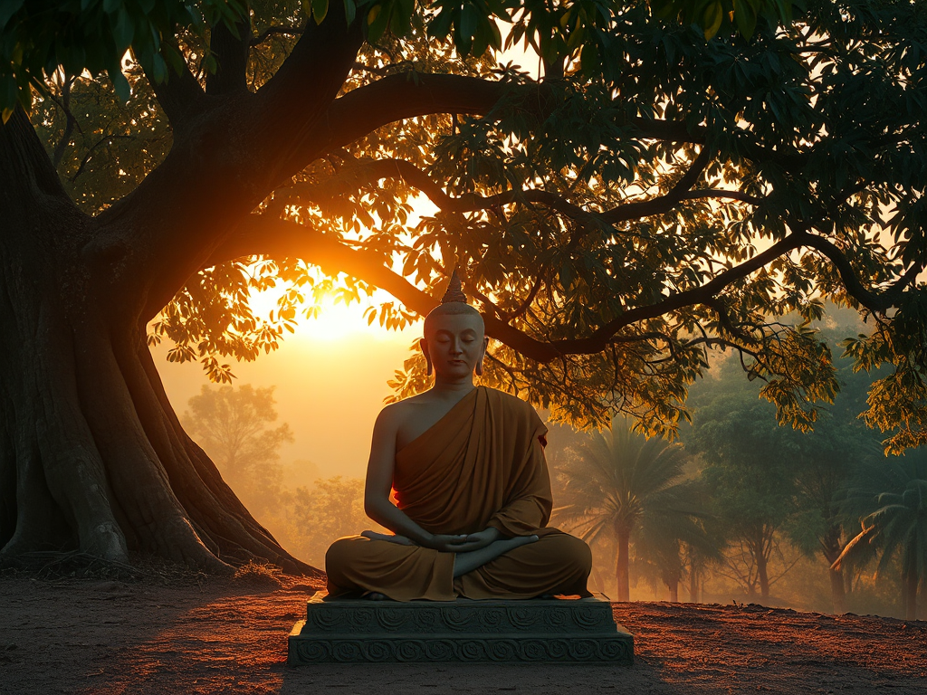 Hình ảnh nhà sư Phật giáo ngồi thiền dưới cây Bồ Đề vào lúc bình minh, ánh sáng vàng dịu nhẹ xuyên qua tán lá, tạo không gian thanh tịnh và linh thiêng