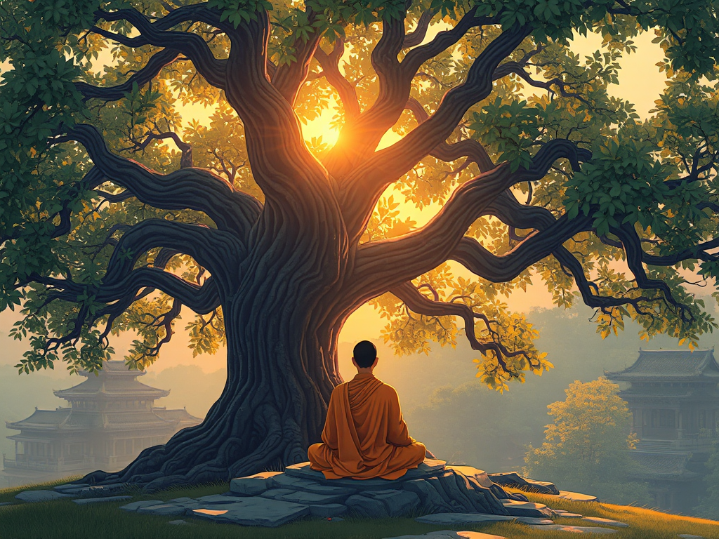 Hình ảnh nhà sư Phật giáo ngồi thiền dưới gốc cây Bồ đề cổ thụ vào lúc bình minh, ánh sáng vàng dịu nhẹ xuyên qua tán lá, minh họa theo phong cách nghệ thuật Á Đông truyền thống Hình ảnh nhà sư Phật giáo ngồi thiền dưới gốc cây Bồ đề cổ thụ vào lúc bình minh, ánh sáng vàng dịu nhẹ xuyên qua tán lá, minh họa theo phong cách nghệ thuật Á Đông truyền thống