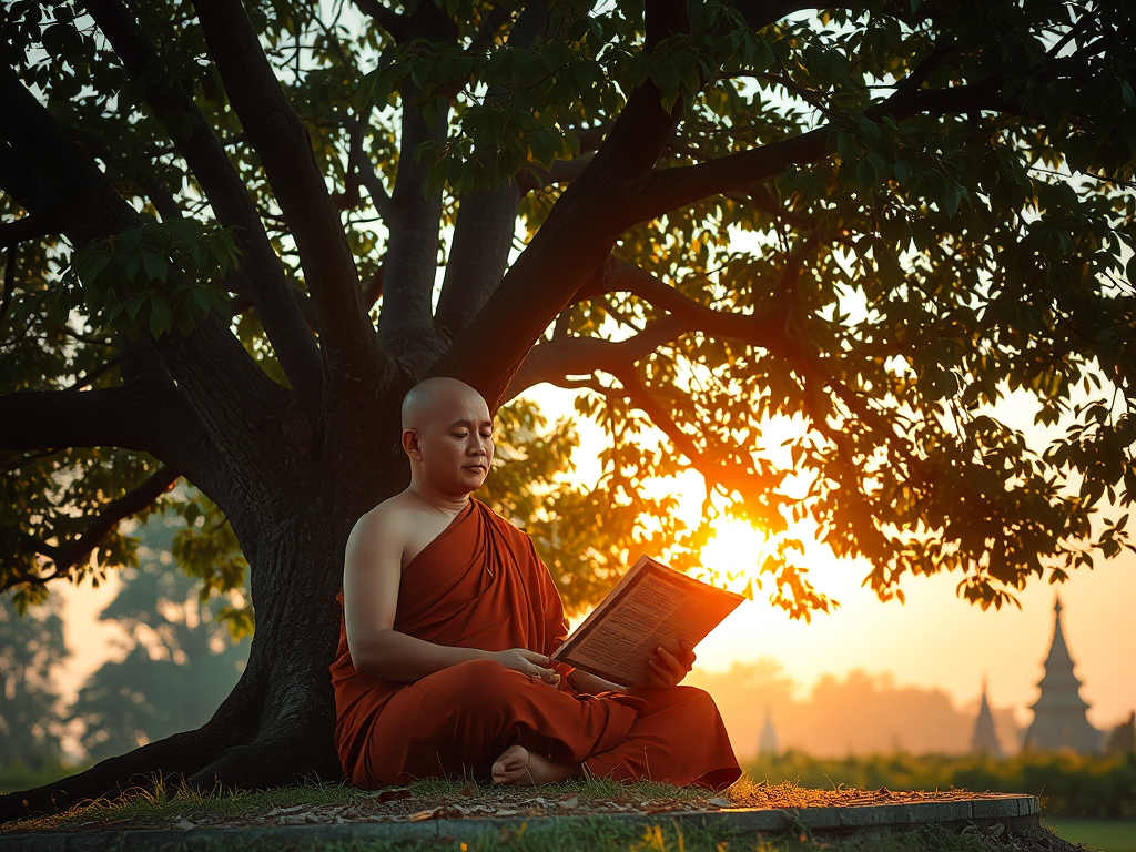 Hình ảnh nhà sư Phật giáo ngồi thiền dưới gốc cây Bồ Đề vào lúc hoàng hôn, ánh sáng vàng dịu nhẹ chiếu qua tán lá, tạo khung cảnh thanh bình trong khu vườn chùa Hình ảnh nhà sư Phật giáo ngồi thiền dưới gốc cây Bồ Đề vào lúc hoàng hôn, ánh sáng vàng dịu nhẹ chiếu qua tán lá, tạo khung cảnh thanh bình trong khu vườn chùa