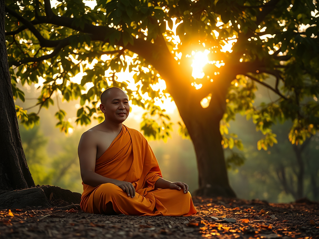 Hình ảnh nhà sư Phật giáo ngồi thiền dưới gốc cây bồ đề vào lúc bình minh, ánh sáng vàng dịu nhẹ xuyên qua tán lá, tạo không gian thanh tịnh và yên bình. Hình ảnh nhà sư Phật giáo ngồi thiền dưới gốc cây bồ đề vào lúc bình minh, ánh sáng vàng dịu nhẹ xuyên qua tán lá, tạo không gian thanh tịnh và yên bình.