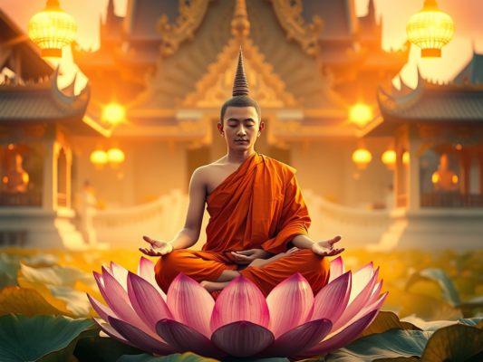Hình ảnh nhà sư Phật giáo ngồi thiền trên hoa sen, ánh sáng vàng rực rỡ tỏa ra xung quanh, tạo nên không gian tâm linh thanh tịnh và yên bình