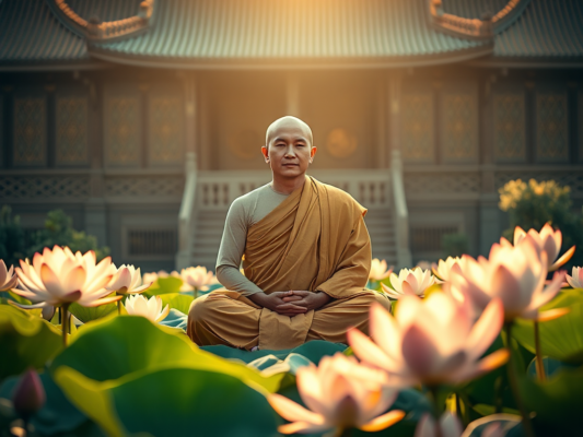 Hình ảnh nhà sư Phật giáo ngồi thiền trên hoa sen trong chùa cổ, ánh sáng vàng dịu nhẹ tạo không gian thanh tịnh, thể hiện tinh thần từ bi hỉ xả trong kinh Phật