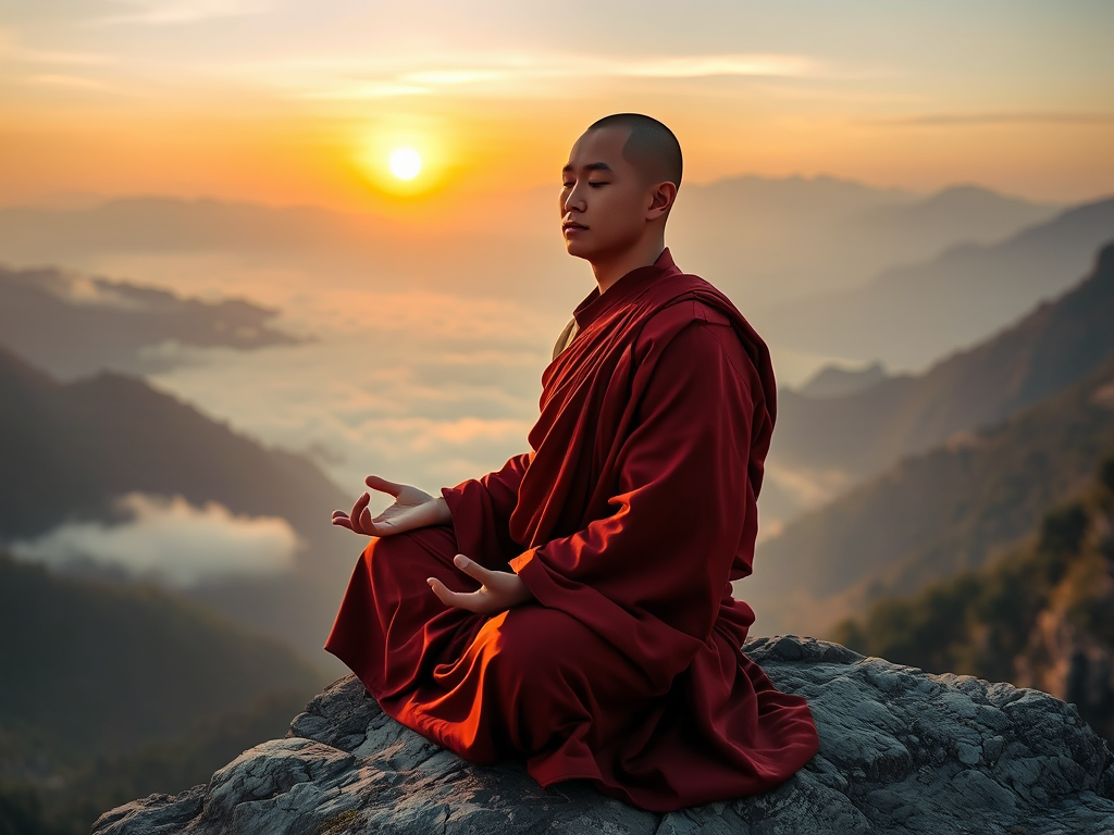 Hình ảnh nhà sư Phật giáo ngồi thiền trên vách đá núi vào bình minh, ánh sáng vàng rực rỡ chiếu vào khuôn mặt thanh thản, trang phục truyền thống bay trong gió nhẹ, thung lũng sương mù phía dưới