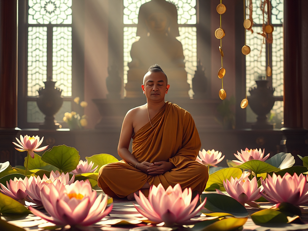 Hình ảnh nhà sư Phật giáo ngồi thiền trong tư thế hoa sen, xung quanh là hoa sen nở rộ và đồng tiền vàng bay lên, ánh sáng dịu nhẹ buổi sáng chiếu qua cửa sổ chùa tạo không gian thanh tịnh