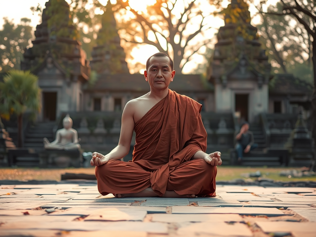 Hình ảnh nhà sư Phật giáo ngồi thiền trong tư thế hoa sen, khung cảnh chùa cổ kính, ánh sáng vàng dịu nhẹ tạo nên không gian thanh tịnh và linh thiêng. Hình ảnh nhà sư Phật giáo ngồi thiền trong tư thế hoa sen, khung cảnh chùa cổ kính, ánh sáng vàng dịu nhẹ tạo nên không gian thanh tịnh và linh thiêng.