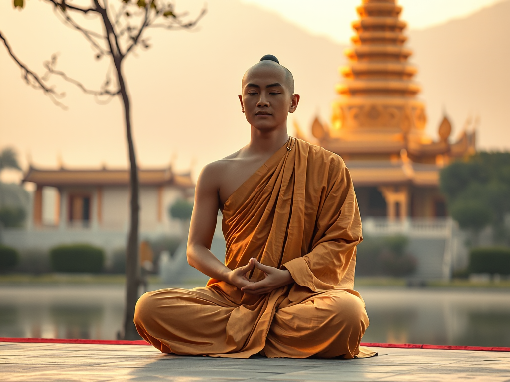 Hình ảnh nhà sư Phật giáo ngồi thiền trong tư thế hoa sen, đền chùa vàng rực rỡ phía sau, ánh sáng buổi sáng dịu nhẹ, phong cách nghệ thuật truyền thống Á Đông