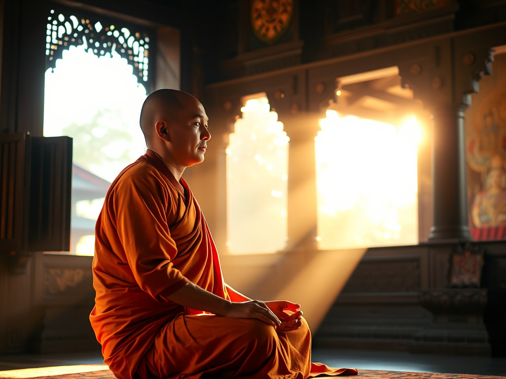 Hình ảnh nhà sư Phật giáo ngồi thiền trong tư thế hoa sen, mặc áo cà sa vàng, ánh sáng mặt trời chiếu qua cửa sổ chùa cổ, tạo nên không gian thanh tịnh tâm linh