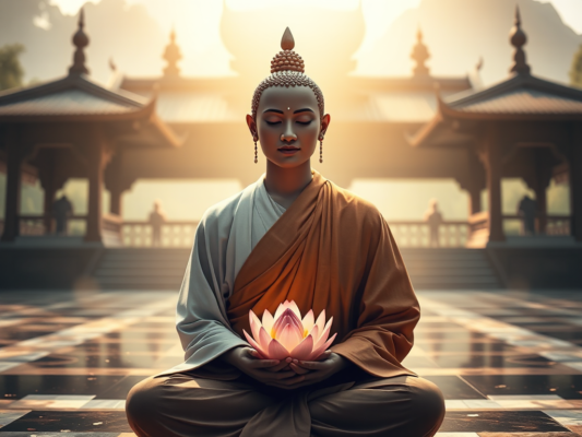 Hình ảnh nhà sư Phật giáo ngồi thiền với hoa sen, ánh sáng vàng dịu nhẹ trong không gian chùa thanh tịnh, tượng trưng cho sự an lạc tâm hồn trong Kinh Phật cho người bệnh