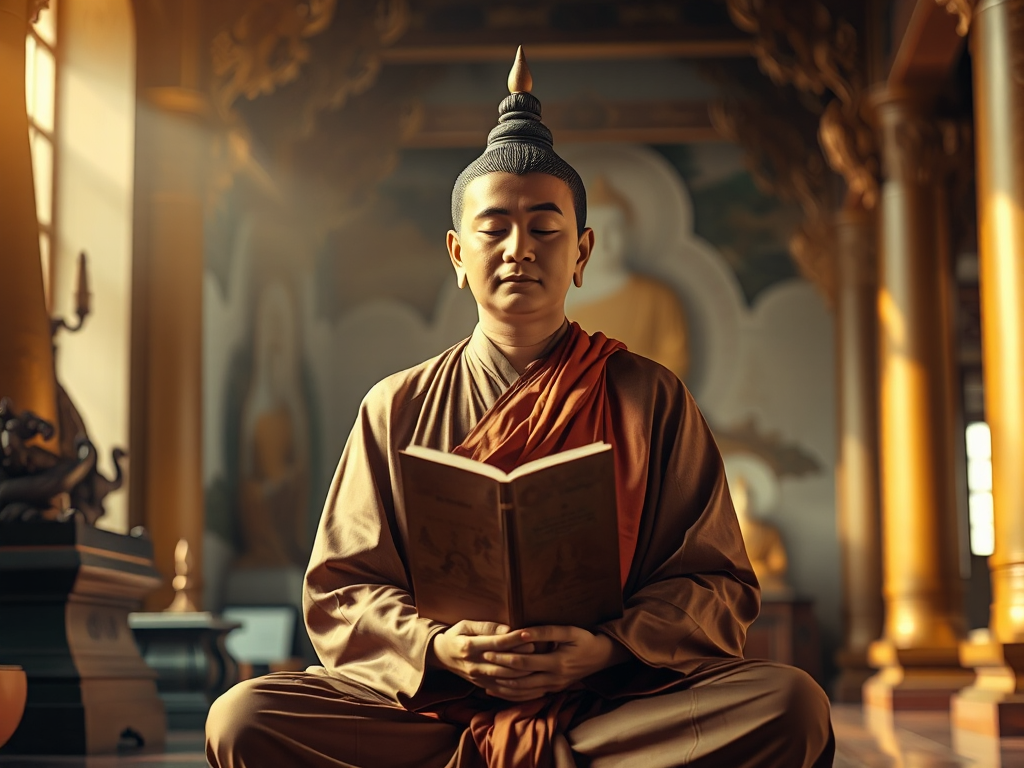 Hình ảnh nhà sư Phật giáo ngồi thiền với kinh sách thánh, trong không gian chùa Việt Nam truyền thống với ánh sáng vàng dịu nhẹ, tạo cảm giác thanh tịnh tâm linh
