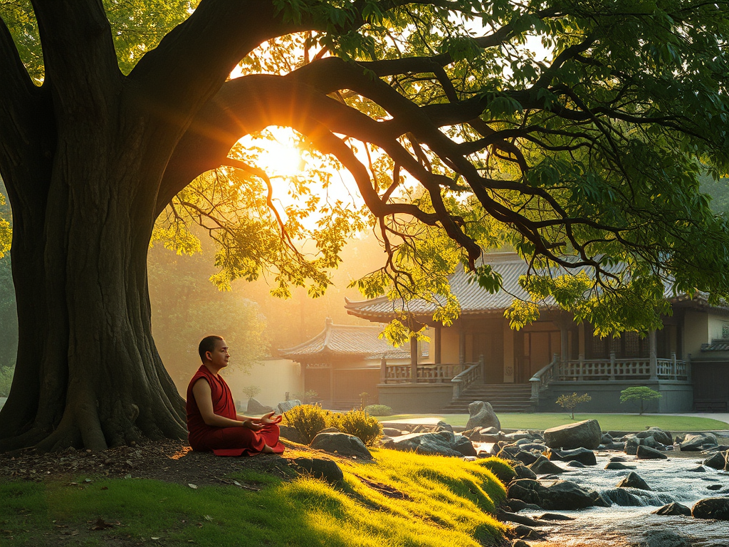 Hình ảnh nhà sư Phật giáo thiền định dưới gốc cây cổ thụ trong khu rừng xanh tươi, ánh nắng vàng dịu nhẹ xuyên qua tán lá, khung cảnh thiên nhiên yên bình với dòng suối chảy êm đềm