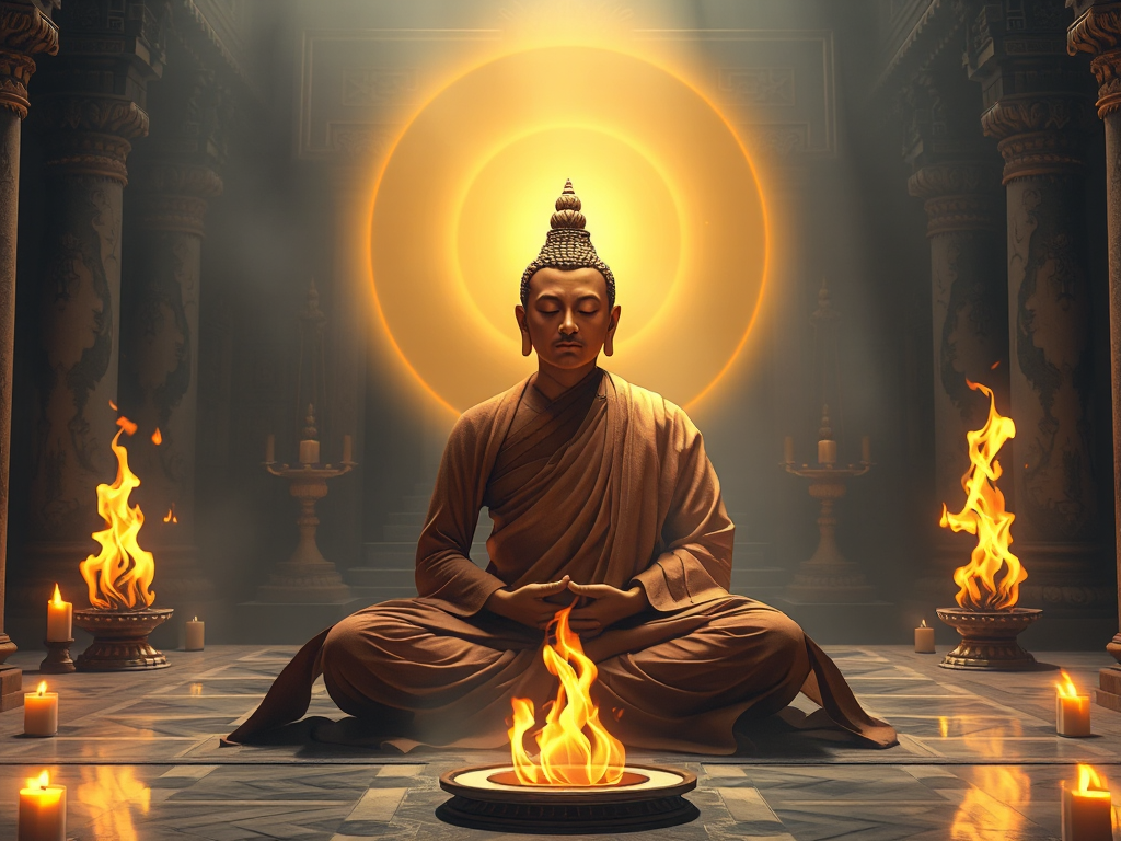 Hình ảnh nhà sư Phật giáo thiền định trong tư thế hoa sen, tỏa sáng ánh hào quang vàng, bao quanh là ngọn lửa biểu tượng cho tham sân si trong không gian chùa thanh tịnh