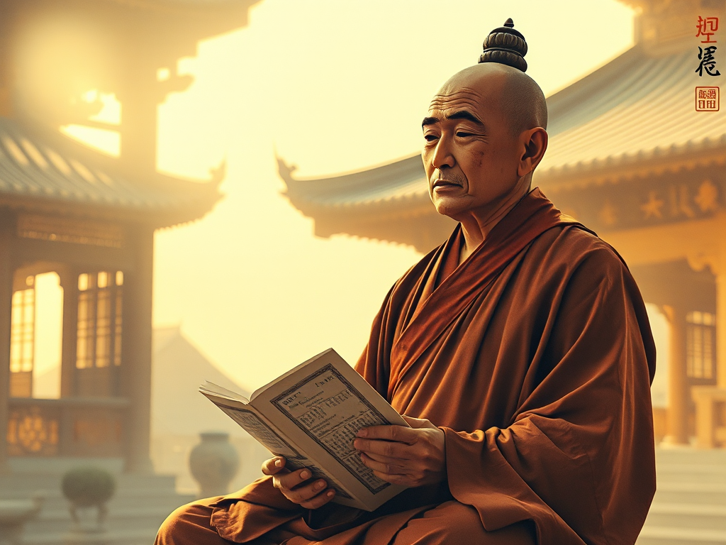 Hình ảnh nhà sư thiền định đang cầm kinh điển Phật giáo cổ xưa trong không gian chùa truyền thống với ánh sáng vàng dịu nhẹ, phong cách hội họa Trung Hoa cổ điển