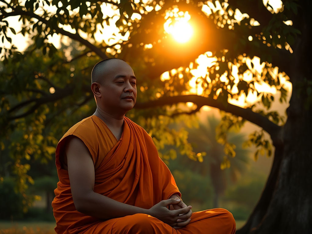 Hình ảnh nhà sư thiền định dưới cây Bồ Đề lúc hoàng hôn, ánh sáng vàng dịu nhẹ xuyên qua tán lá, tạo không gian thanh tịnh và trang nghiêm