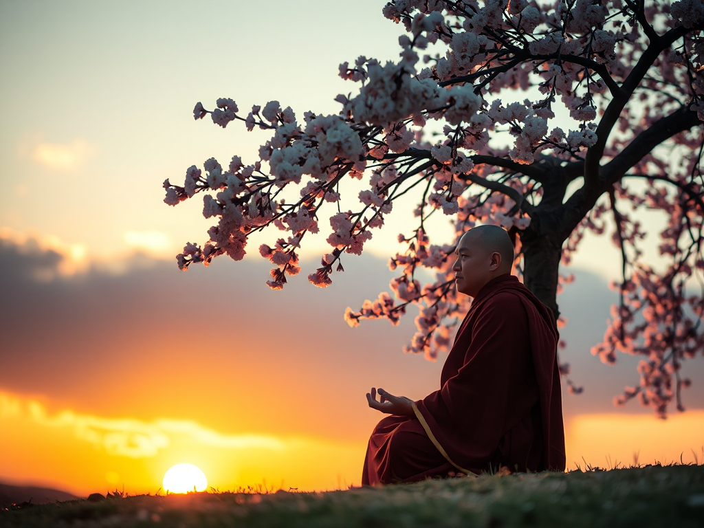 Hình ảnh nhà sư thiền định dưới gốc cây anh đào nở hoa lúc hoàng hôn, ánh sáng vàng dịu nhẹ tạo không gian thanh tịnh, thể hiện ý nghĩa Bát Nhã Tâm Kinh về trí tuệ và sự giác ngộ