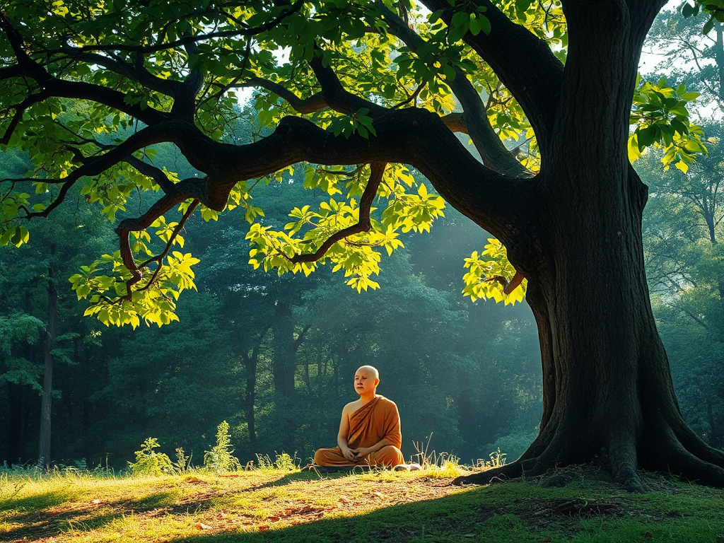 Hình ảnh nhà sư thiền định dưới gốc cây bồ đề giữa rừng xanh tươi mát, tượng trưng cho sự hòa hợp giữa Phật giáo và môi trường tự nhiên.
