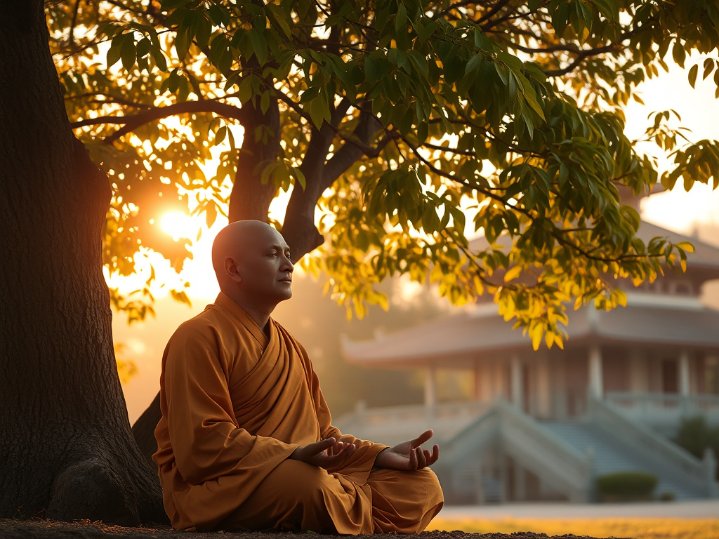 Hình ảnh nhà sư thiền định dưới gốc cây Bồ Đề vàng rực rỡ vào lúc bình minh, tạo không gian thanh tịnh và linh thiêng tại chùa truyền thống Việt Nam