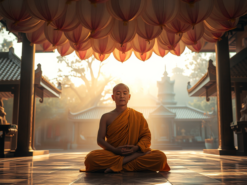 Hình ảnh nhà sư thiền định dưới tán hoa sen trong ngôi chùa Việt Nam, ánh sáng vàng dịu nhẹ tạo không gian thanh tịnh, liên quan đến Kinh Bi Hoa