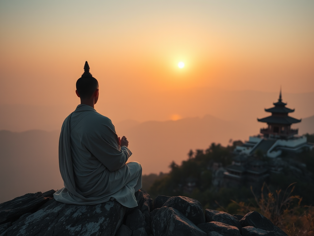 Hình ảnh nhà sư thiền định trên đỉnh núi vào bình minh, ánh sáng vàng chiếu rọi khung cảnh yên bình với ngôi chùa Việt Nam truyền thống phía sau