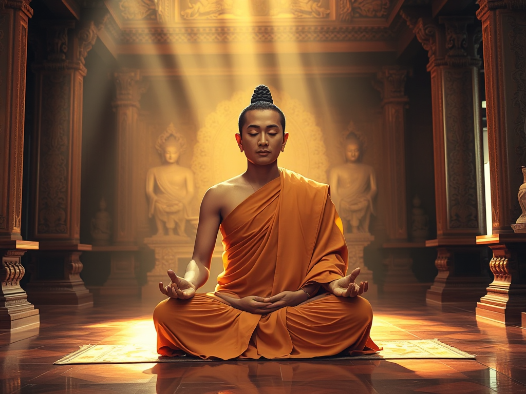 Hình ảnh nhà sư thiền định trong tư thế hoa sen, ánh sáng vàng rực rỡ tỏa ra từ kinh điển cổ xưa, khung cảnh chùa chiền truyền thống với những hoa văn tinh xảo, tạo nên bầu không khí tâm linh ấm áp