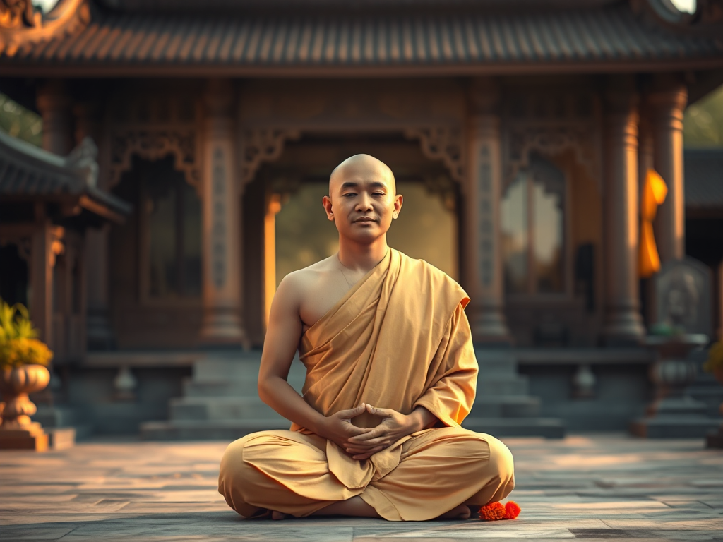 Hình ảnh nhà sư thiền định trong tư thế hoa sen tại chùa cổ, ánh sáng vàng dịu nhẹ tạo không gian thanh tịnh, thể hiện tinh thần Kinh Phạm Võng trong đạo Phật Việt Nam Hình ảnh nhà sư thiền định trong tư thế hoa sen tại chùa cổ, ánh sáng vàng dịu nhẹ tạo không gian thanh tịnh, thể hiện tinh thần Kinh Phạm Võng trong đạo Phật Việt Nam