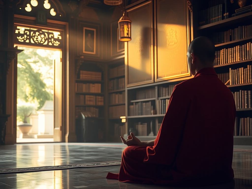 Hình ảnh nhà sư thiền định trong tư thế hoa sen tại thư viện chùa cổ, ánh sáng vàng dịu tạo không gian tâm linh thanh tịnh cho việc học tập Kinh Quán Vô Lượng Thọ