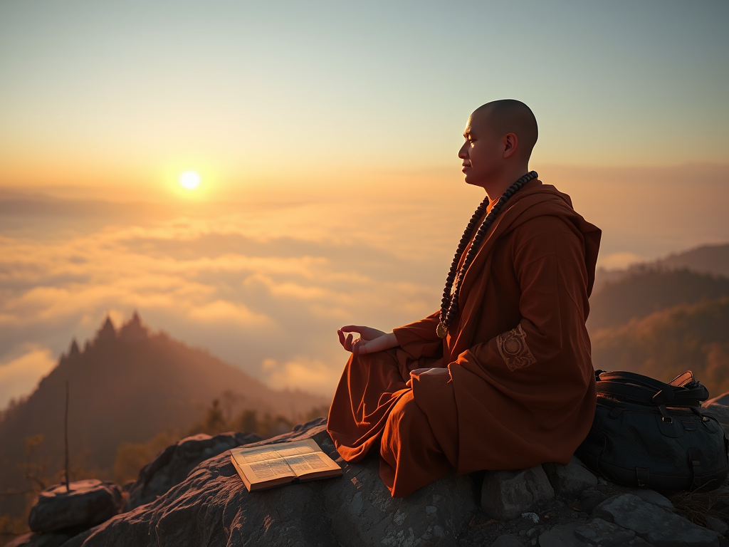 Hình ảnh nhà sư thiền định trong tư thế hoa sen trên đỉnh núi vào lúc bình minh, ánh sáng vàng dịu chiếu trên tràng hạt và kinh sách cổ, khung cảnh tâm linh với sương mù và chùa xa xa