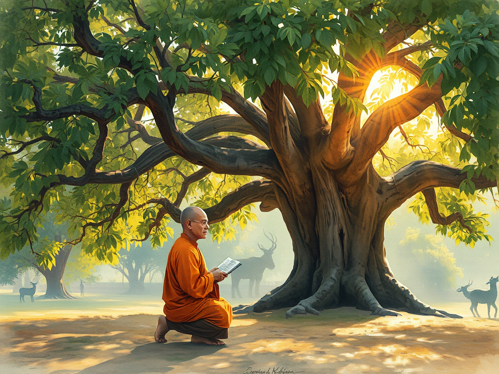 Hình ảnh nhà sư truyền bá Kinh Chuyển Pháp Luân dưới gốc cây Bồ Đề cổ thụ tại Vườn Lộc Uyển, ánh sáng vàng rực rỡ chiếu qua tán lá, tạo nên không gian tâm linh thanh tịnh Hình ảnh nhà sư truyền bá Kinh Chuyển Pháp Luân dưới gốc cây Bồ Đề cổ thụ tại Vườn Lộc Uyển, ánh sáng vàng rực rỡ chiếu qua tán lá, tạo nên không gian tâm linh thanh tịnh