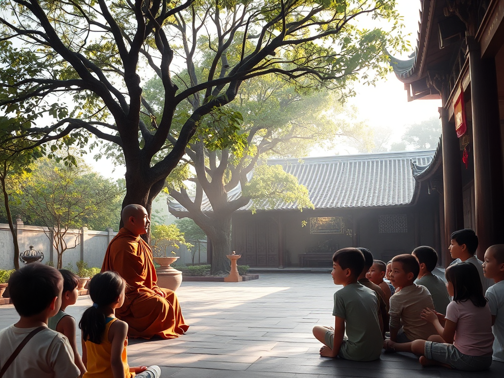 Hình ảnh sư thầy đang giảng dạy cho các em nhỏ trong khuôn viên chùa Bửu Long với ánh sáng dịu nhẹ buổi sáng, tạo không gian thanh tịnh cho việc học Kinh Phật cho con cái