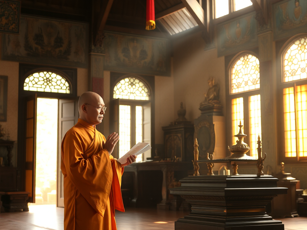 Hình ảnh thầy Thích Minh Tâm hướng dẫn tụng kinh Địa Tạng Bồ Tát trong chánh điện chùa với ánh sáng dịu nhẹ và không gian thanh tịnh truyền thống Việt Nam