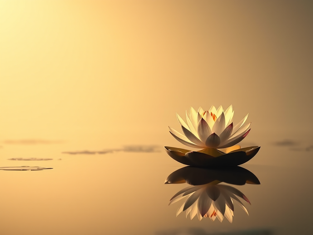 Hình ảnh thiền định thanh tịnh với hoa sen và ánh sáng vàng dịu nhẹ, tạo không gian tĩnh lặng tâm linh lý tưởng cho việc nghiên cứu Kinh Lăng Già Hình ảnh thiền định thanh tịnh với hoa sen và ánh sáng vàng dịu nhẹ, tạo không gian tĩnh lặng tâm linh lý tưởng cho việc nghiên cứu Kinh Lăng Già