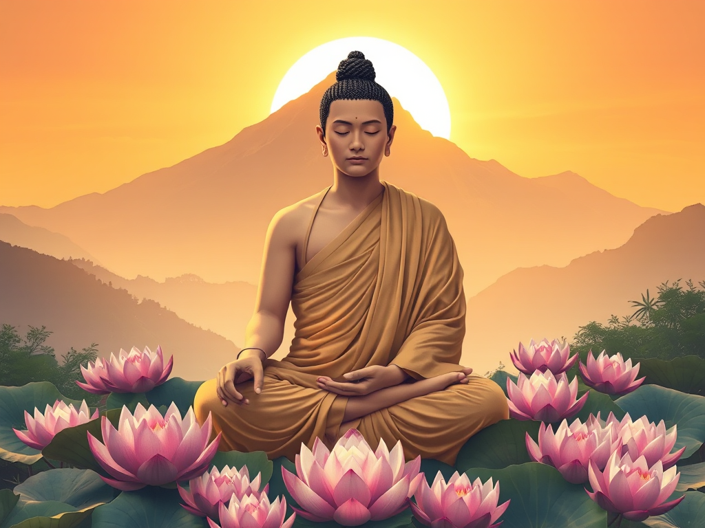 Hình ảnh thiền sư ngồi kiết già giữa hoa sen với phong cảnh núi non hùng vĩ, ánh sáng bình minh vàng rực, thể hiện phong cách nghệ thuật Phật giáo truyền thống