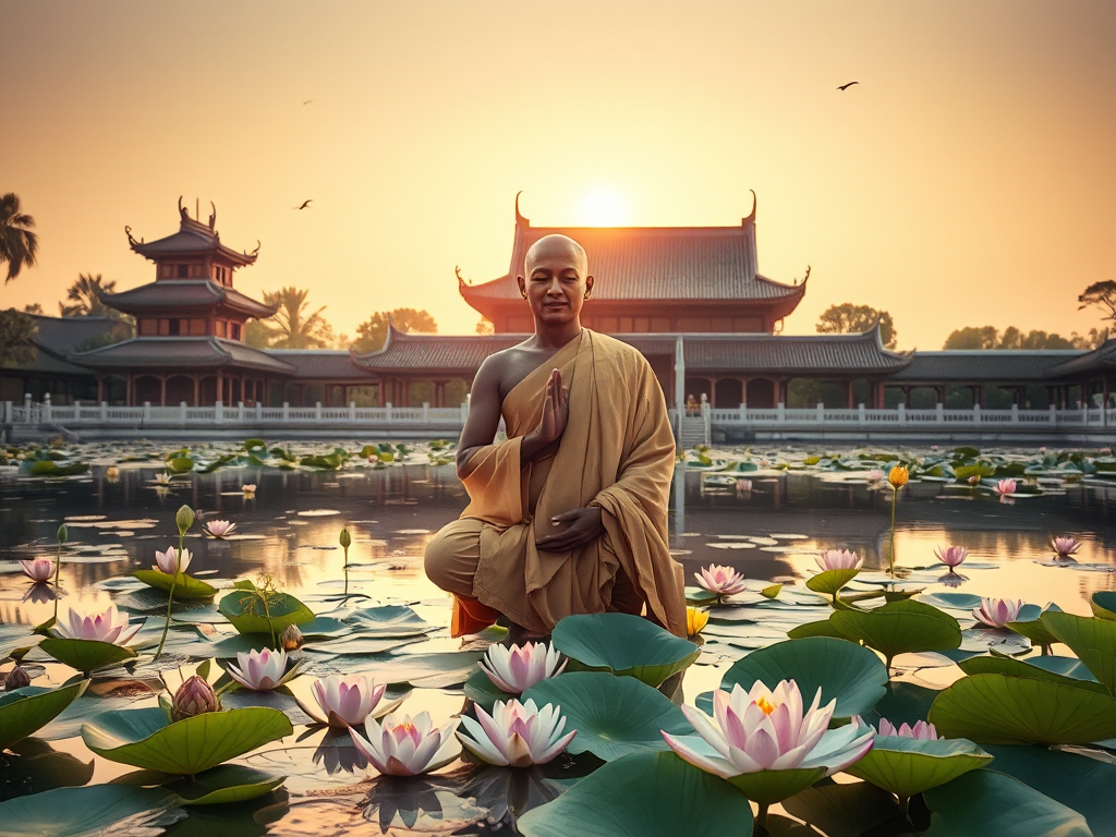 Hình ảnh thiền sư ngồi thiền bên hồ sen, ánh hoàng hôn vàng rực chiếu trên ngôi chùa truyền thống, tạo không gian thanh tịnh và an lạc trong Kinh Quán Vô Lượng Thọ