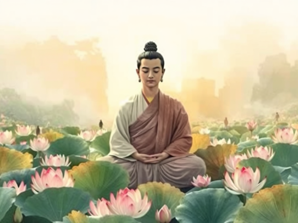 Hình ảnh thiền sư ngồi thiền giữa hoa sen và ánh sáng vàng dịu nhẹ, thể hiện phong cách nghệ thuật truyền thống Đông Á với chất liệu màu nước