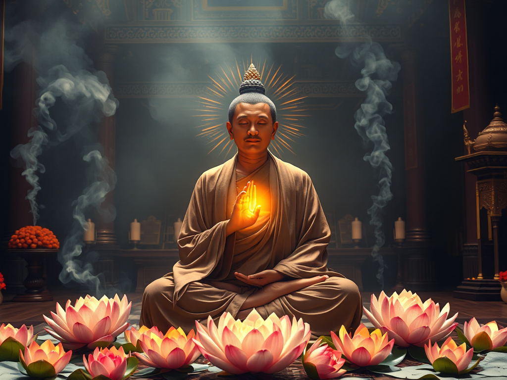 Hình ảnh thiền sư ngồi thiền giữa hoa sen và kinh sách cổ, ánh sáng vàng tỏa ra từ trái tim, trong không gian chùa Việt Nam truyền thống với khói hương nghi ngút Hình ảnh thiền sư ngồi thiền giữa hoa sen và kinh sách cổ, ánh sáng vàng tỏa ra từ trái tim, trong không gian chùa Việt Nam truyền thống với khói hương nghi ngút
