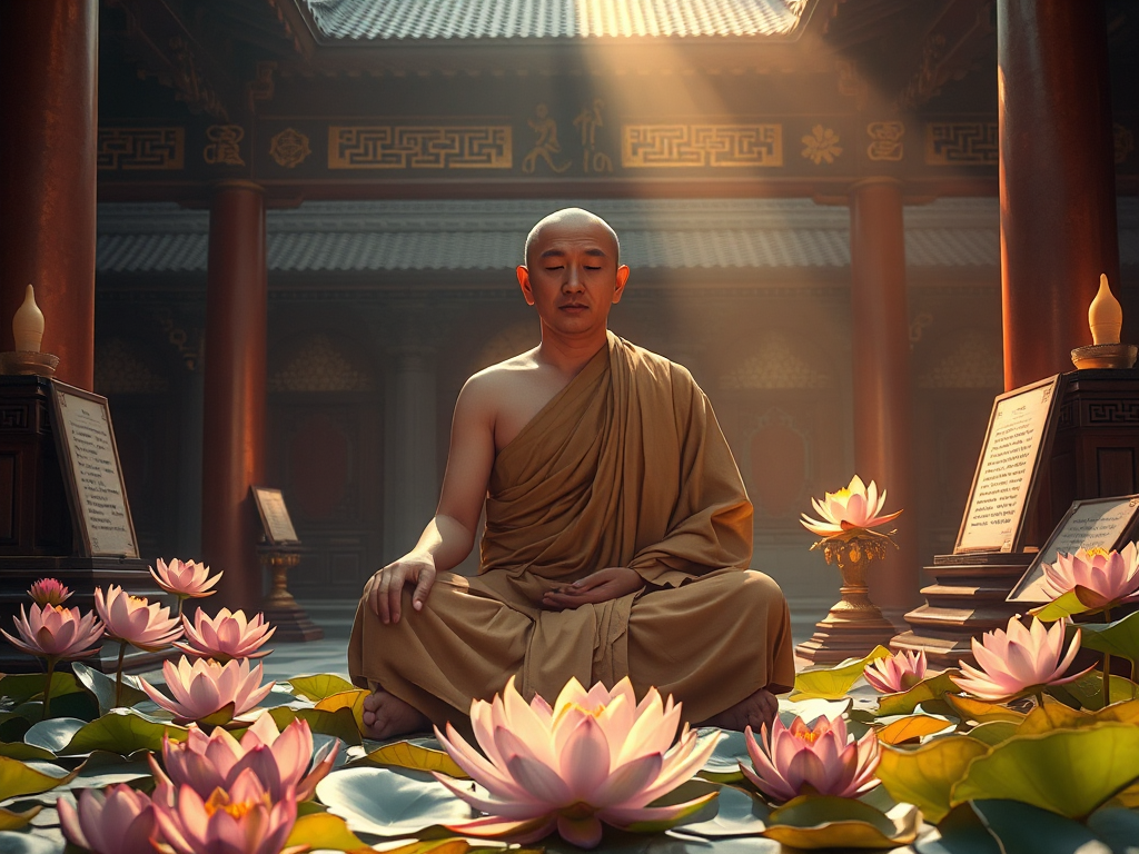 Hình ảnh thiền sư ngồi thiền giữa hoa sen và kinh sách Phật giáo cổ, ánh sáng vàng dịu nhẹ, khung cảnh chùa cổ truyền thống Việt Nam Hình ảnh thiền sư ngồi thiền giữa hoa sen và kinh sách Phật giáo cổ, ánh sáng vàng dịu nhẹ, khung cảnh chùa cổ truyền thống Việt Nam