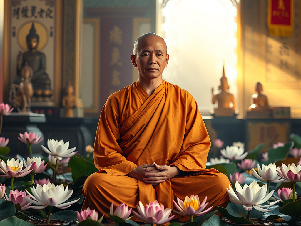 Hình ảnh thiền sư ngồi thiền giữa hoa sen và kinh sách Phật giáo, ánh sáng vàng dịu nhẹ, không gian chùa Việt Nam truyền thống