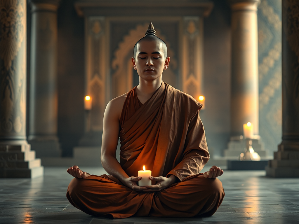 Hình ảnh thiền sư ngồi thiền trên bệ sen trong chùa cổ, ánh sáng vàng dịu từ ngọn nến tỏa ra, tạo không gian thanh tịnh và linh thiêng.