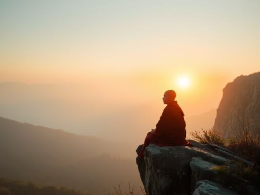 Hình ảnh thiền sư ngồi thiền trên vách đá núi vào bình minh với ánh sáng vàng dịu nhẹ và sương mù bao phủ thung lũng phía xa