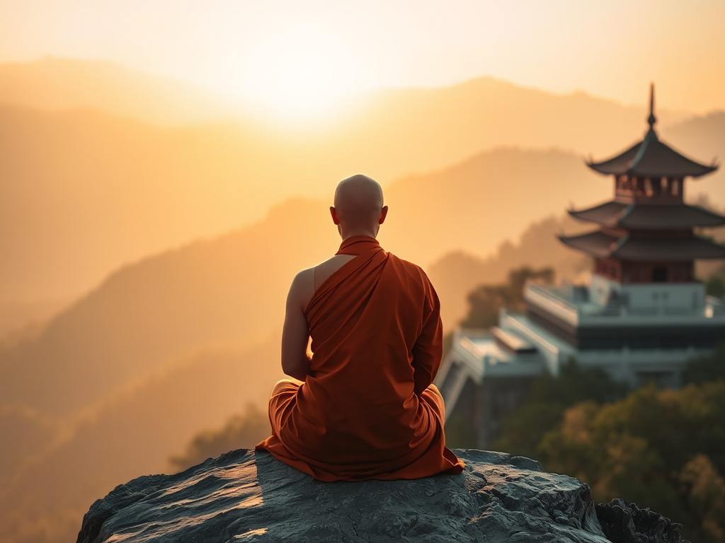 Hình ảnh thiền sư ngồi thiền trên vách núi lúc bình minh, ánh sáng vàng dịu nhẹ, chùa cổ điển phía sau, tạo cảm giác thanh tịnh và thiêng liêng trong Kinh điển Thiền tông