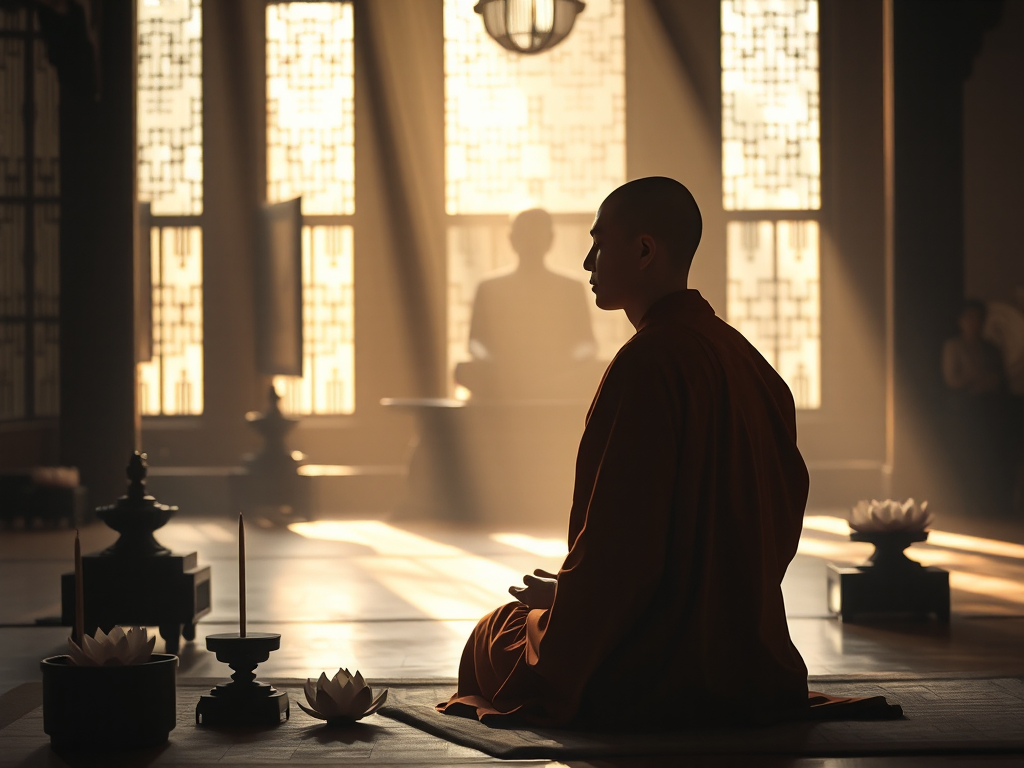 Hình ảnh thiền sư ngồi thiền trong chùa Phật giáo truyền thống với ánh sáng vàng dịu nhẹ, hoa sen và hương trầm tạo không gian thanh tịnh
