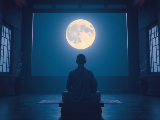 Hình ảnh thiền sư ngồi thiền trong chùa vào ban đêm, ánh trăng dịu nhẹ chiếu qua cửa sổ, tạo không gian thanh tịnh, yên bình thích hợp cho việc nghe kinh Phật khi ngủ.